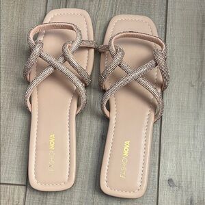 Fashion Nova Nude Rhinestone Crisscross Slide Sandals